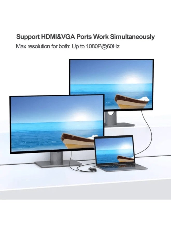 هينغ محول HI-2001-TCVH من USB-C إلى HDMI وVGA، محول من النوع C إلى VGA إلى USB-C Thunderbolt 3 لشاشتين - Image 3